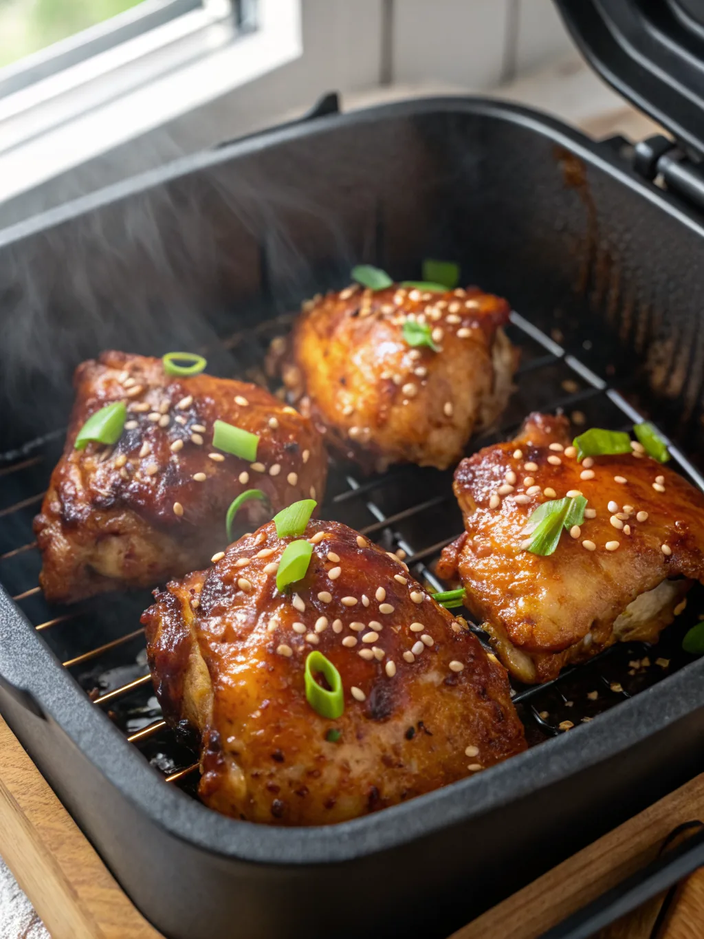 Sticky Lacquered Air Fryer Honey Garlic Chicken Thighs