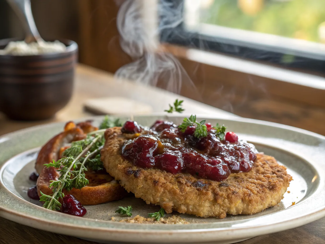 Bavarian Hunter's Schnitzel with Pretzel Crust and Cranberry Sauce