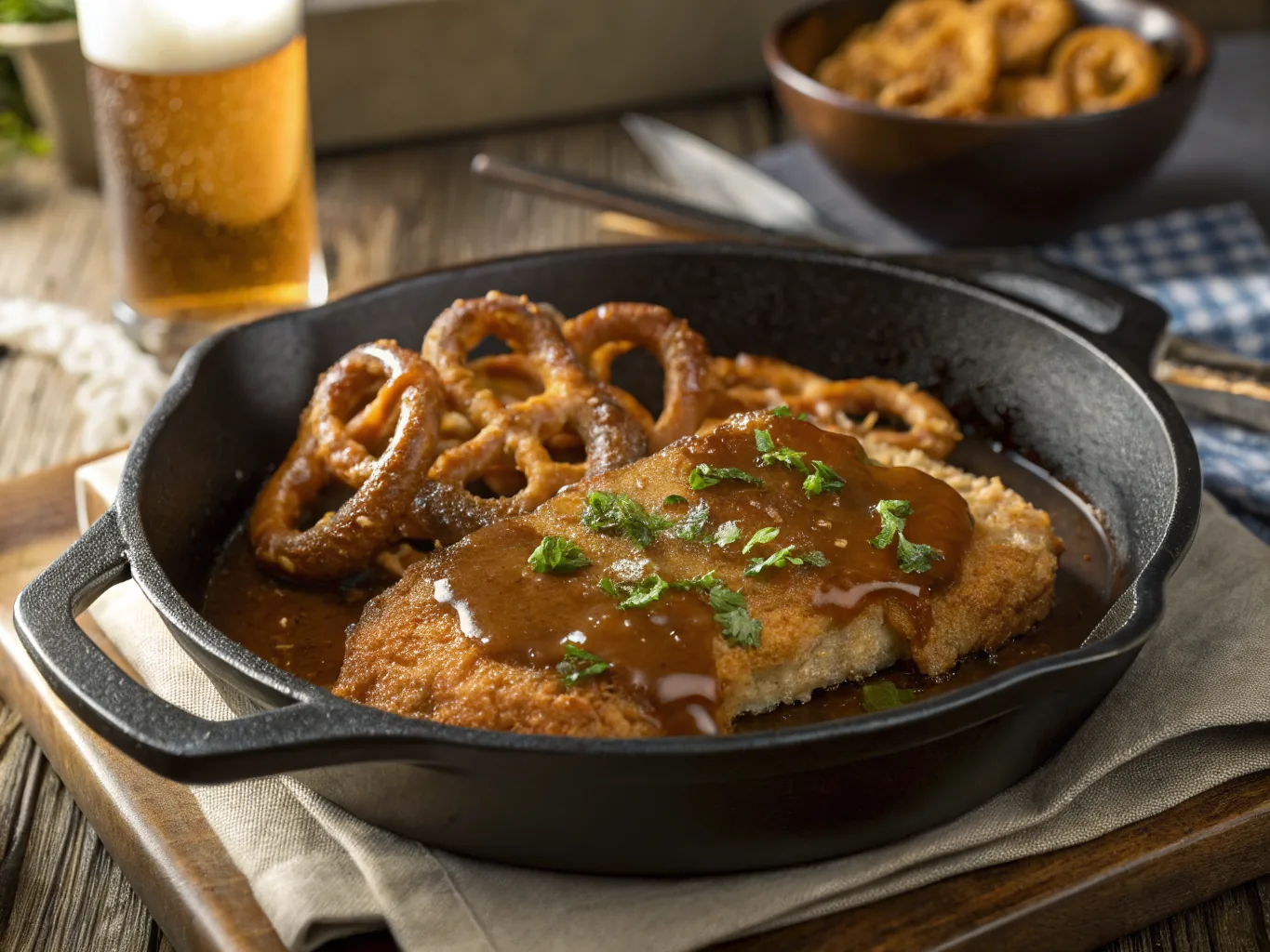 Bavarian Pork Schnitzel with Pretzel Crust and Beer Gravy