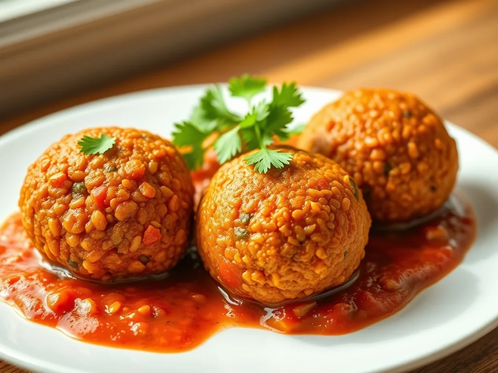 Coral Lentil Balls with Tomato Sauce