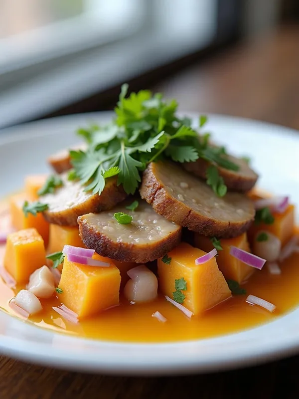 Ceviche de Pato con Leche de Tigre y Camote Crujiente