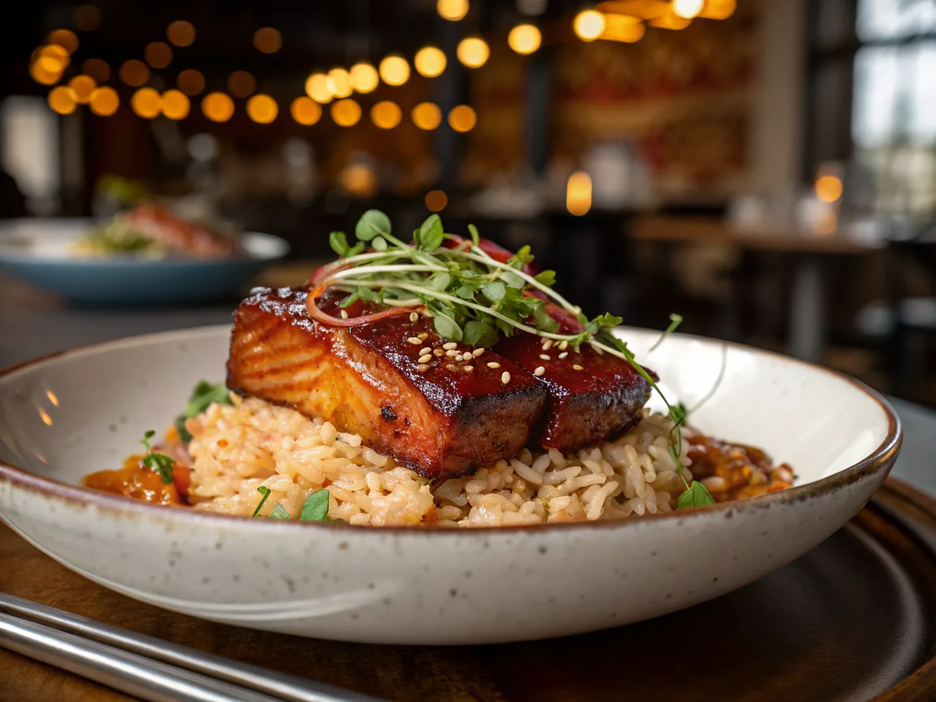 Gochujang Glazed Pork Belly with Sesame Kimchi Rice