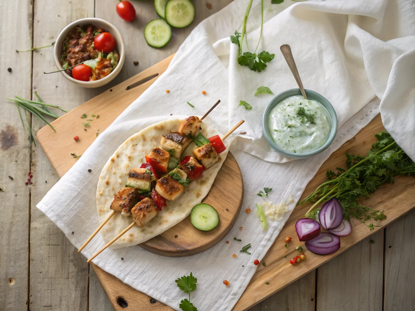 Gyros-Style Chicken Souvlaki with Tzatziki and Warm Pita