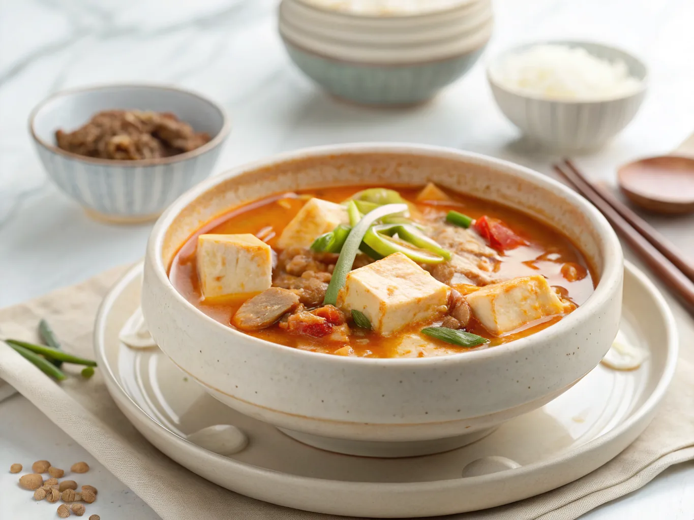 Bubbling Korean soft tofu stew in an earthenware pot with tofu, zucchini, and green onions