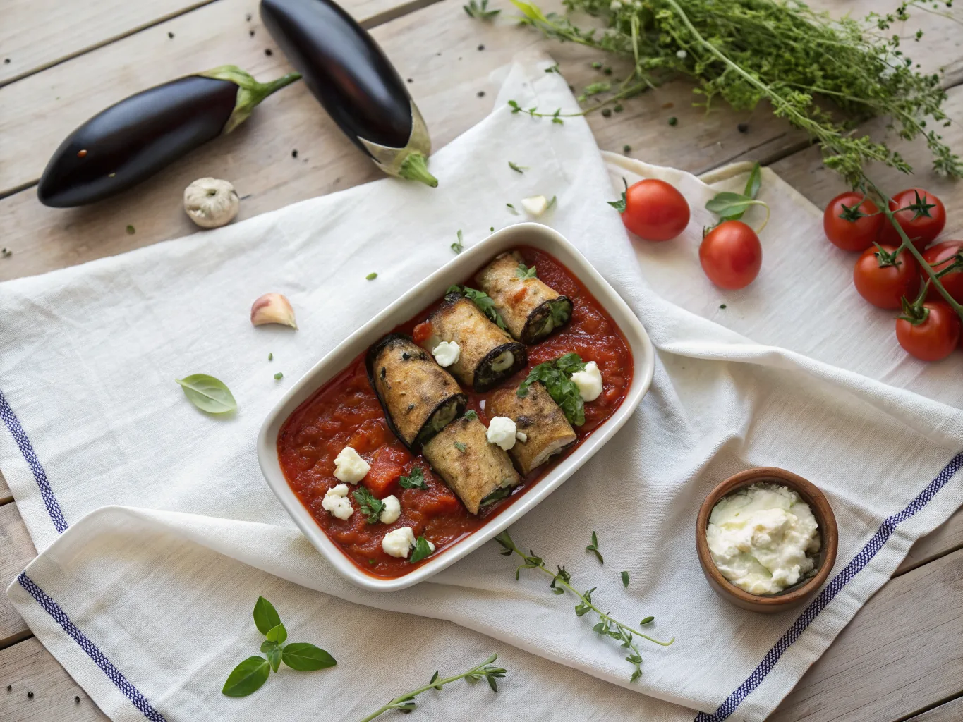 Lamb and Feta Stuffed Eggplant Rolls with Tomato-Oregano Sauce