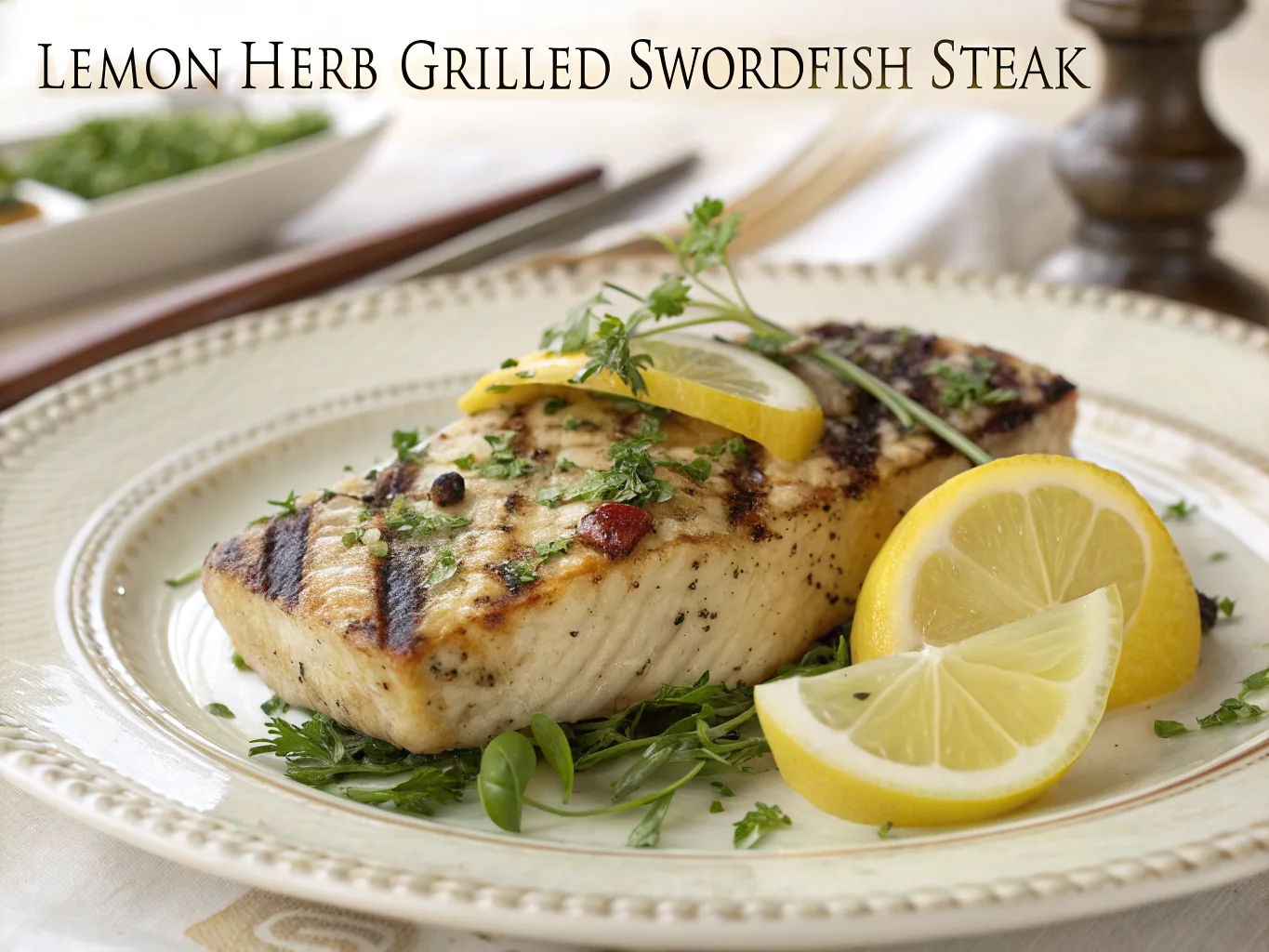 Grilled lemon herb swordfish steak with char marks, garnished with parsley and lemon slices on a rustic plate.