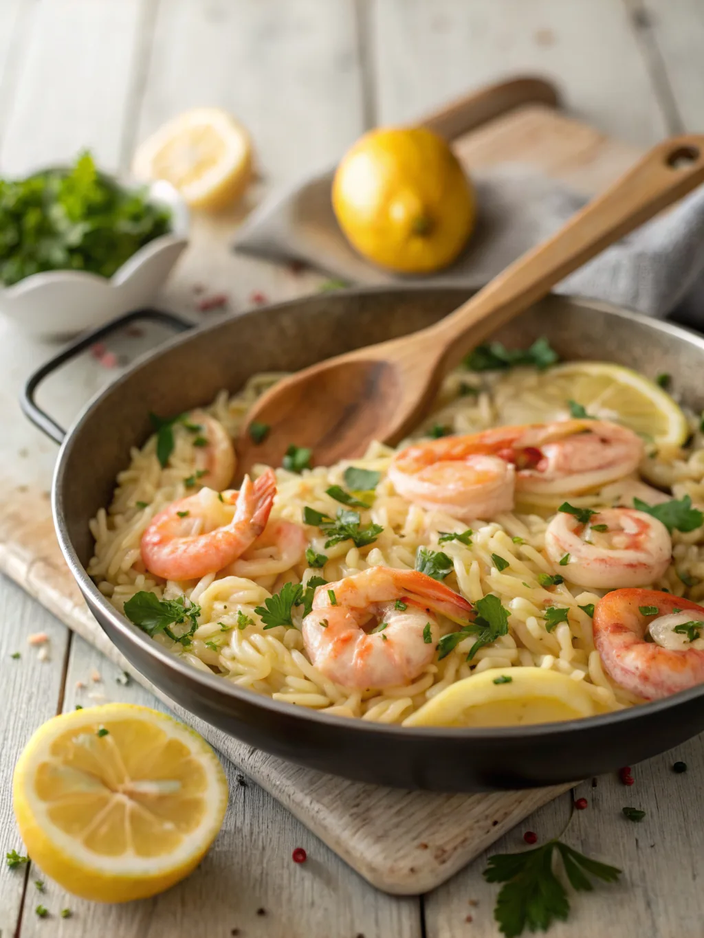 One Pan Lemon Garlic Orzo with Shrimp