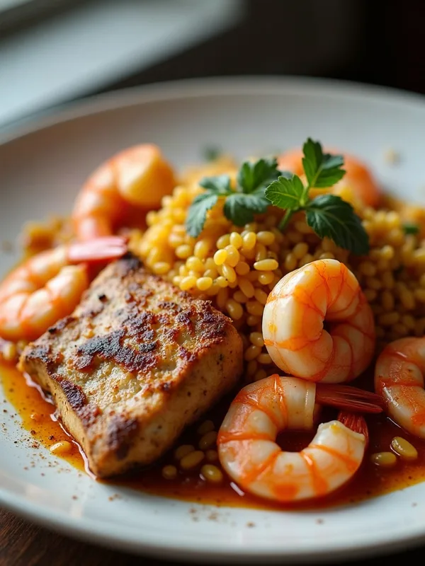 Saffron Chicken & Seafood Paella with Smoky Patatas Bravas