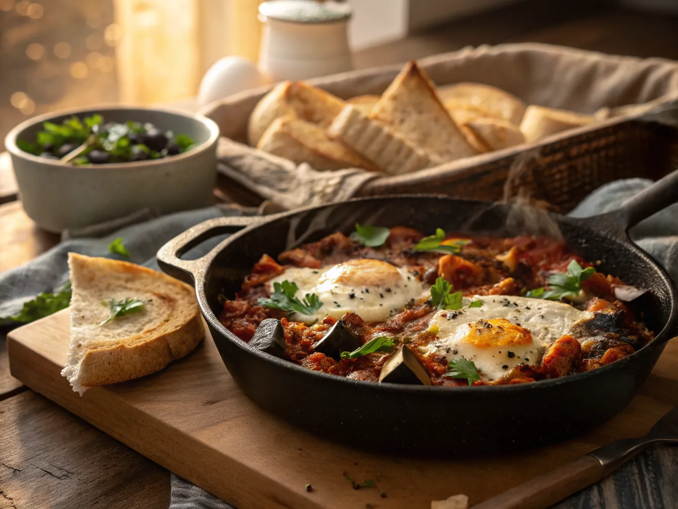 Smoky Aubergine Shakshuka with Crunchy Fattoush Topping
