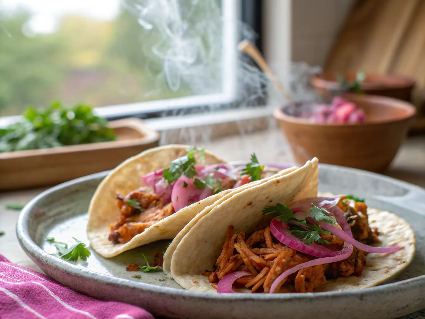 Smoky Chipotle Chicken Tinga Tacos with Pickled Onions