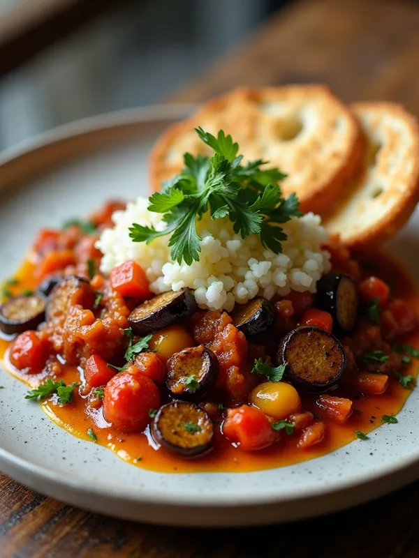 Smoky eggplant shakshuka with crispy pita croutons in a cast iron skillet, garnished with fresh parsley and served with yogurt.