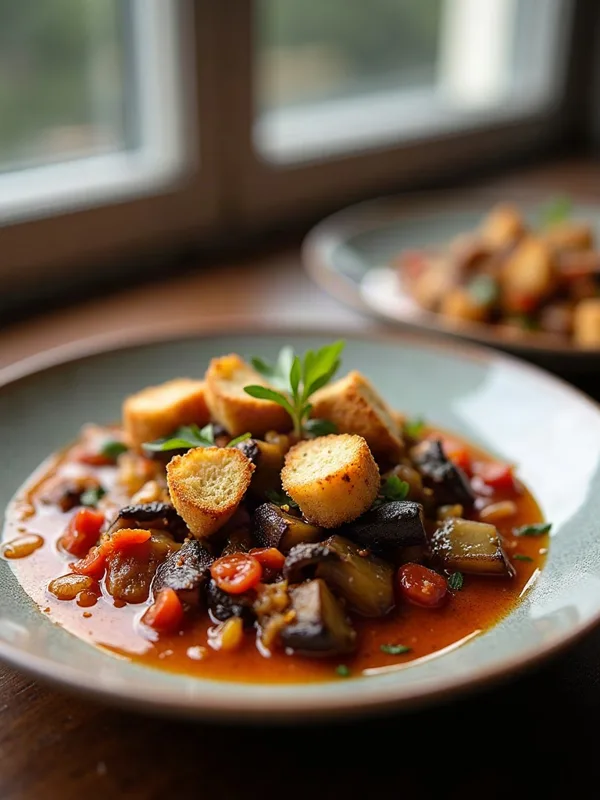 Smoky Eggplant Shakshuka with Crispy Pita Croutons