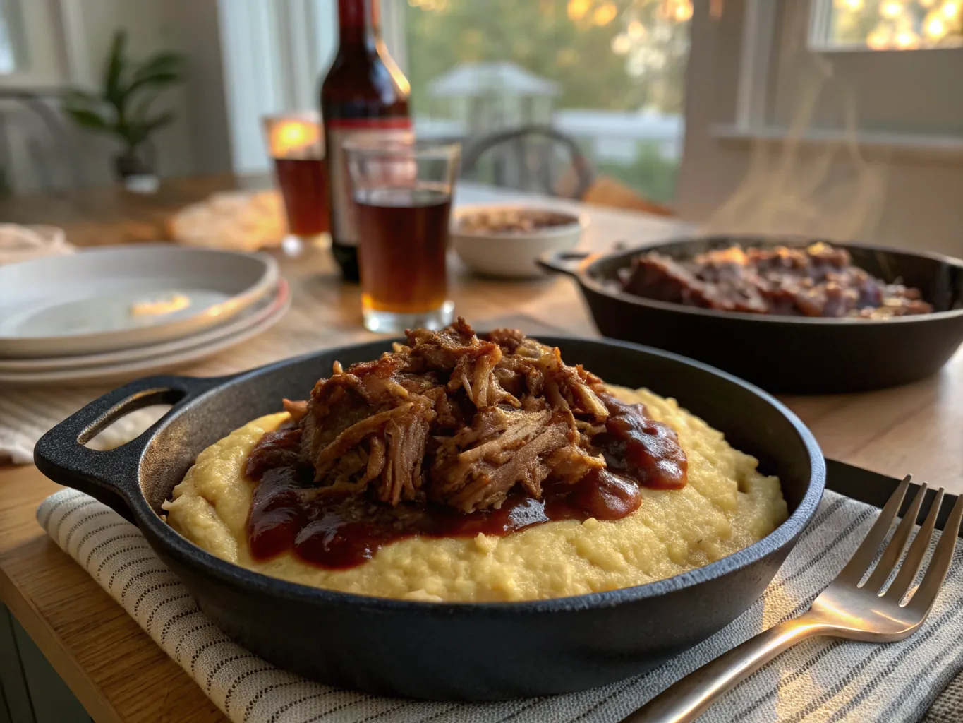 Smoky Pulled Pork & Cheddar Grits with Cola-BBQ Sauce