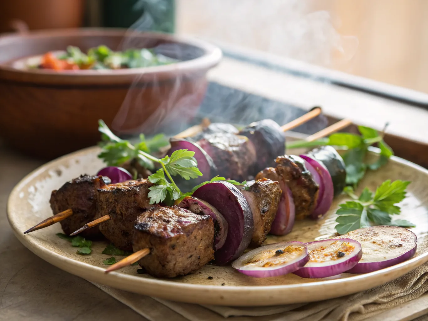 Spiced Lamb and Eggplant Kebab with Sumac Onions