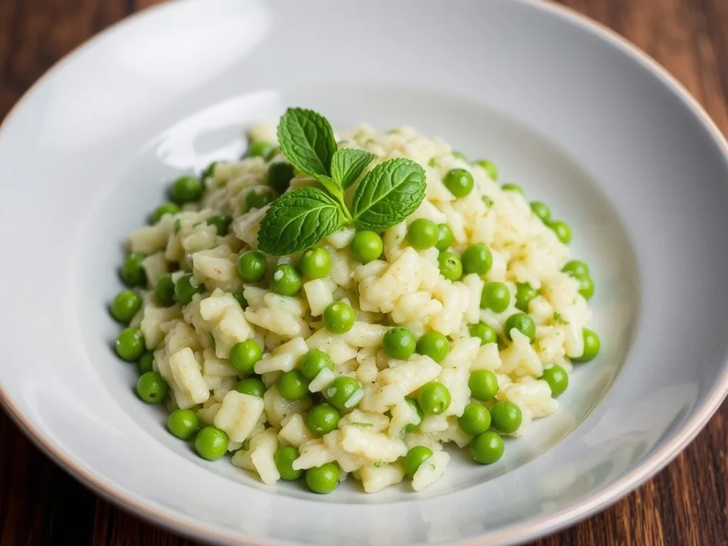 Creamy spring pea risotto with lemon and mint in a rustic bowl, garnished with fresh mint and lemon zest.