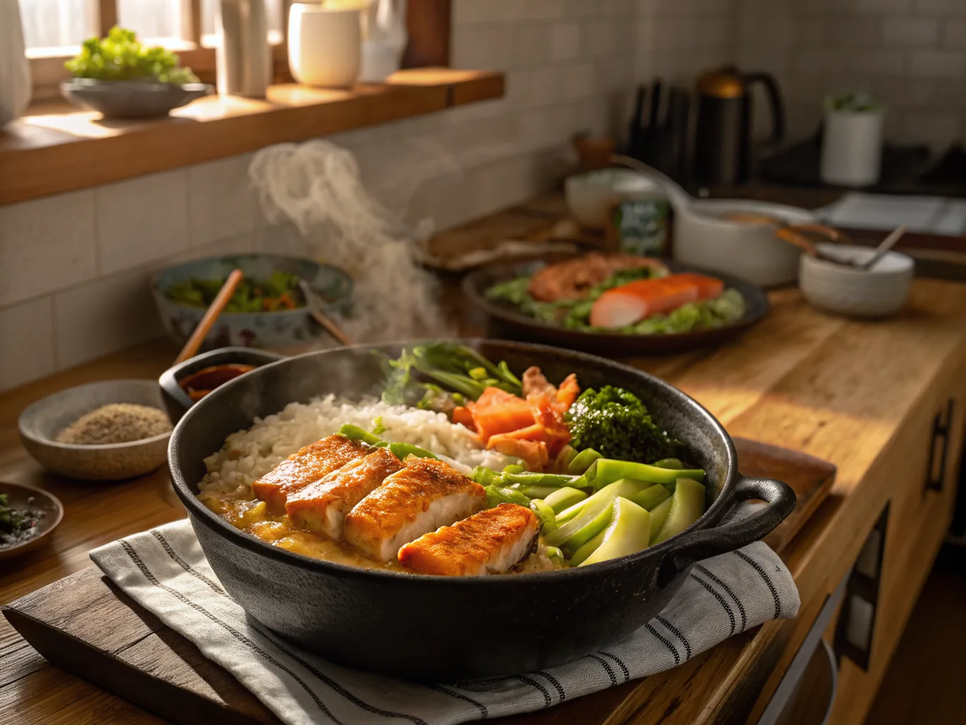 Teriyaki Salmon Sushi Bowl with Miso Ramen Broth