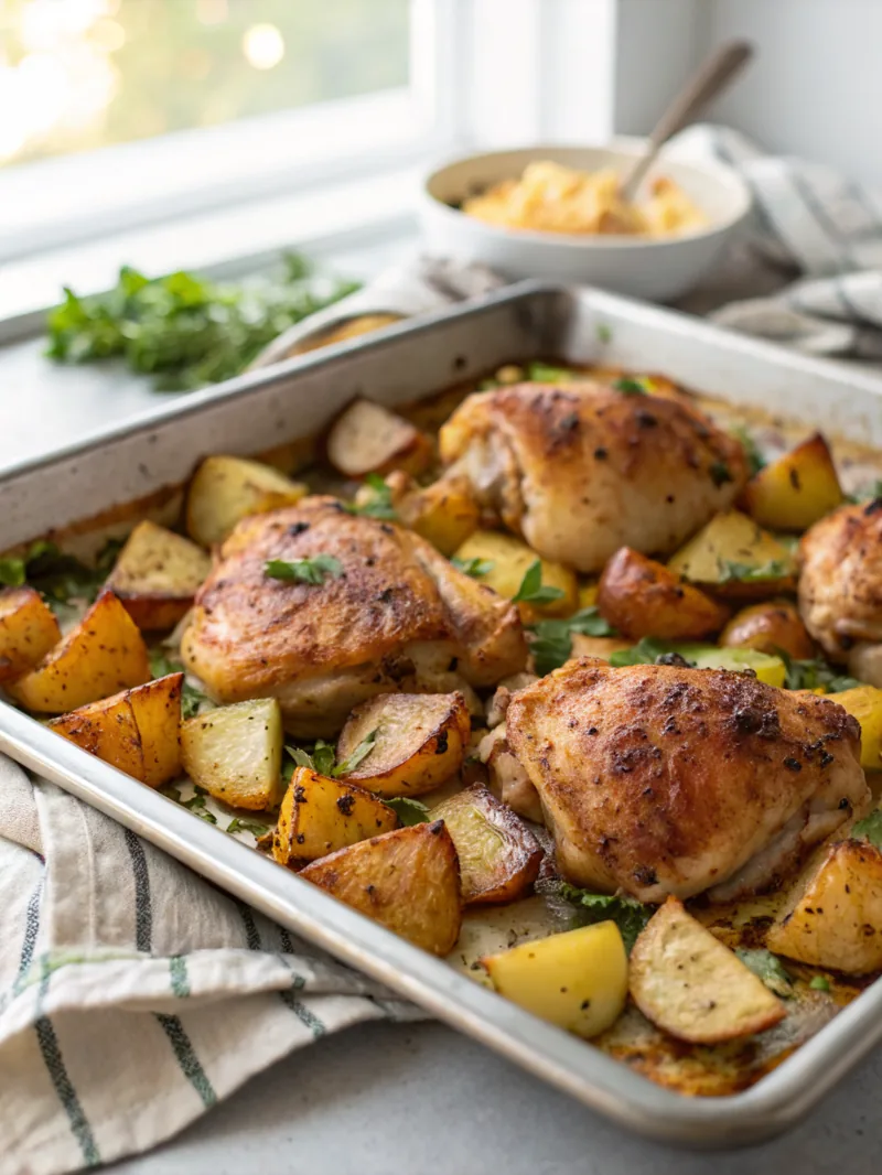 Zero-Cleanup Sheet Pan Chicken Thighs With Crispy Potatoes (My Lazy Day Savior)